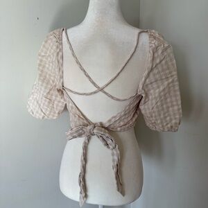 H&M Beige Gingham Puff Sleeve Linen-Blend Tie-Back Crop Top Size Large